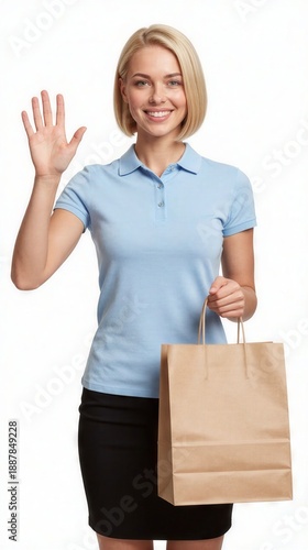 Woman waves while holding a shopping bag and wearing a light blue shirt in a studio setting during the day