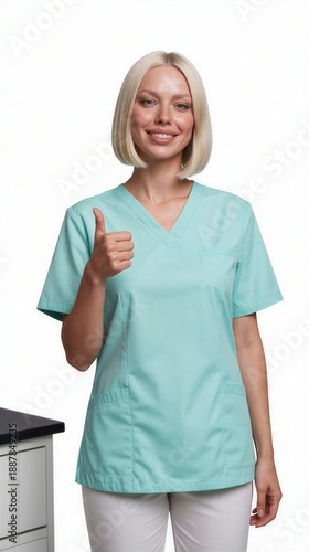 Nurse gives thumbs up wearing scrubs in a clinic setting during daytime