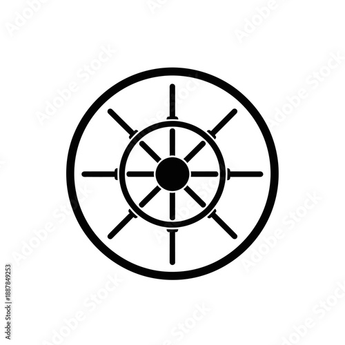 Black and white ship steering wheel.