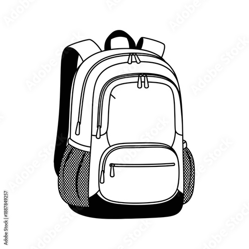 Black and white school backpack illustration.
