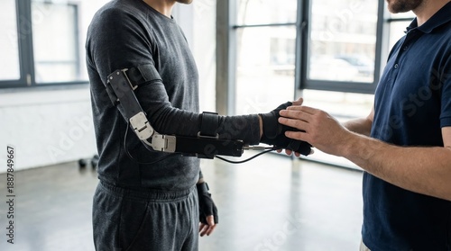 Patient wearing an advanced robotic exoskeleton arm receives hands on support from a therapist during clinical rehabilitation, demonstrating assistive bionic technology for recovery