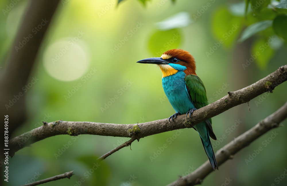 Obraz premium Colorful bee eater bird rests on a tree branch. Wild avian animal displays vibrant blue and green feathers. Fauna perches on wood in lush foliage.
