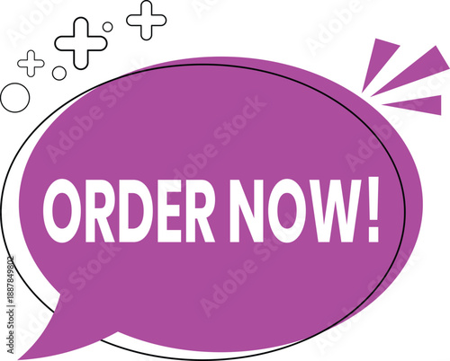 Order now call to action speech bubble vector. Purple promotional message badge with bold text. Ideal for ecommerce ads, banners, and marketing layouts.