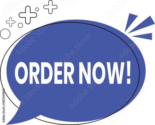 Order now call to action speech bubble design. Blue promotional message badge with bold typography. Ideal for ecommerce ads, banners, and marketing layouts.