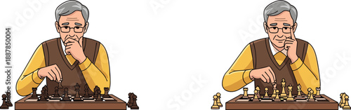Elderly man playing chess illustration, thoughtful senior strategy game, intellectual hobby concept, smart decision making vector artwork design