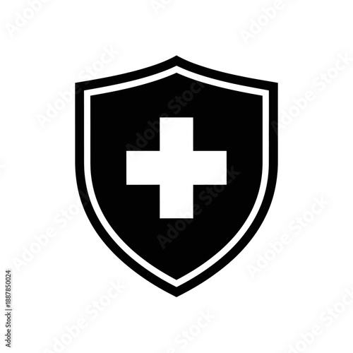 Medical shield with white cross symbol.