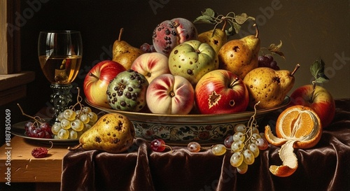 Luxurious Still Life Painting: Abundant Fruits, Wine Glass, and Draped Table. Rich Colors, Traditional Art, and Classic Elegance for Fine Art Themes.