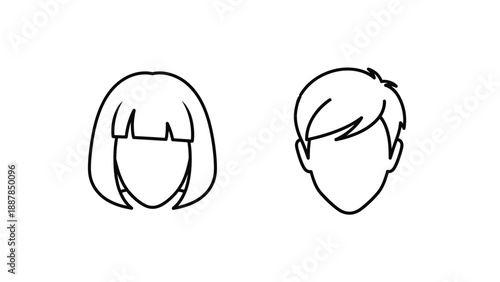 Simple black and white line art icons depicting two distinct stylized human head silhouettes showing different short hairstyles for male and female characters.
