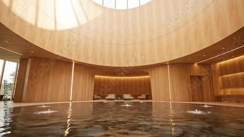 Modern architecture featuring a wooden atrium, water feature, and skylight design in luxury spa interior with natural light for lifestyle, design, and relaxation.