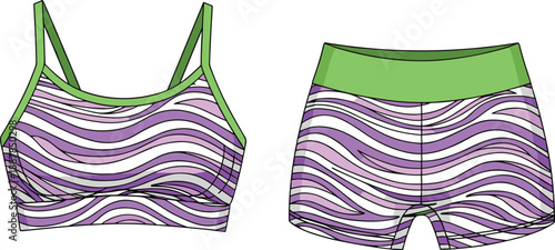 Women sports bra and shorts set with abstract wave pattern, modern activewear outfit, fitness fashion illustration vector design