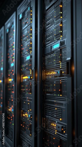 Modern Data Center with Server Racks and Illuminated Network Equipment