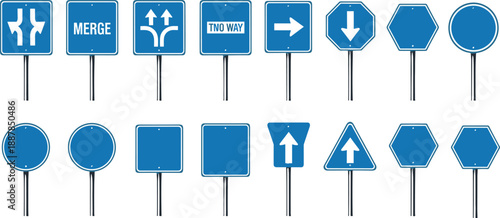 Blue traffic road signs icon set, regulatory and direction symbols collection, highway navigation signage, transportation safety illustration vector design