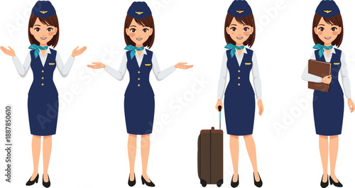 Professional airline stewardess character set, cabin crew woman in uniform, flight attendant poses, travel aviation service illustration vector cartoon design