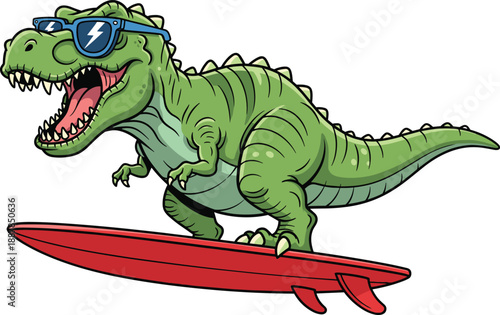Funny cartoon dinosaur surfing on board with sunglasses, playful t rex character illustration, summer beach vector art