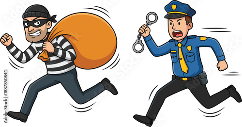 Cartoon illustration of thief running with stolen bag chased by police officer, crime pursuit concept, law enforcement action, criminal escape, security and justice theme