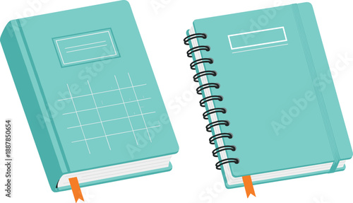 Notebook and spiral planner set, stationery organization concept, school office supplies illustration, minimal journal notebook vector design