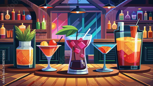 Very beautiful elegant cocktails placed on a wooden table in a dimly lit bar, creating a refined and atmospheric scene suitable for nightlife, luxury drinks, bar menus, and social concepts.