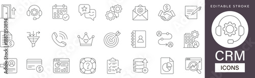 CRM line icon set featuring customer, relationship, management, sales, support, communication, loyalty, business, client, service editable vector set.