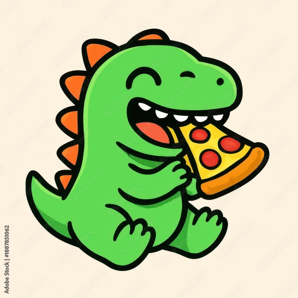 Obraz premium Happy green dinosaur eating slice of pepperoni pizza cute prehistoric creature cartoon illustration for kids apparel