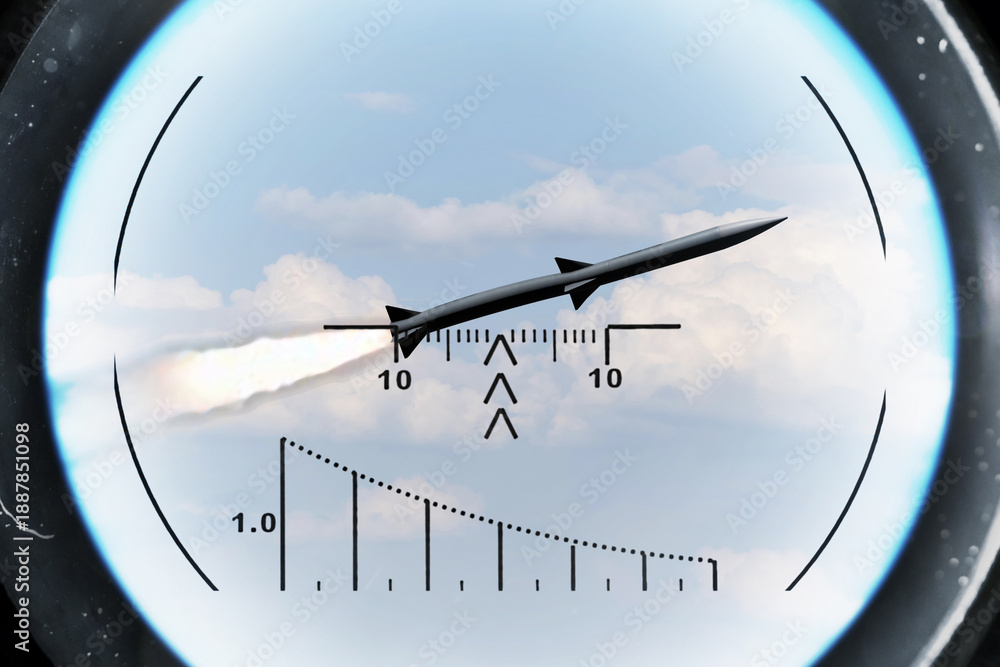 Fototapeta premium Guided missile in the sky viewed through optical guidance targeting sight.