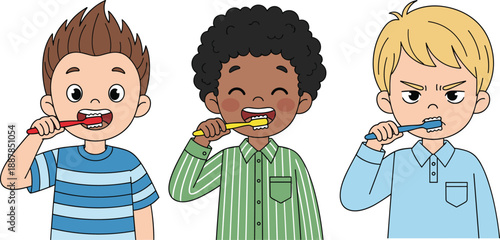 Cute kids brushing teeth together, dental hygiene concept, happy children characters, oral care education illustration, colorful cartoon vector