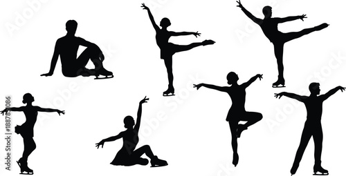 Black silhouette figure skaters performing artistic ice skating poses isolated on white background showcasing winter sport elegance balance movement and athletic dance performance