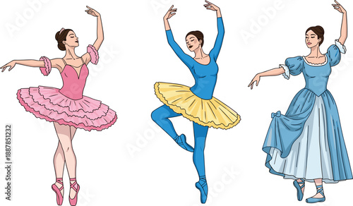 Elegant ballet dancers performing classical poses, female ballerinas in colorful costumes, graceful dance illustration, theatrical vector art collection