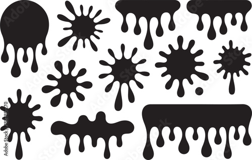 Black paint splatter and drip collection with various ink blots and splash shapes