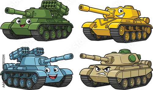 Cute cartoon military tank characters set with expressive faces, colorful armored vehicles illustration for kids, games, animation, education, stickers, posters, and playful war themed design
