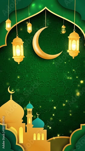 Wallpaper Mural Luxury islamic scene with gold mosque lanterns and moon on green pattern with glowing gold particles for ramadan kareem and eid celebration Torontodigital.ca