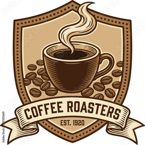 Vintage coffee roasters logo with steaming cup, coffee beans, shield emblem, retro badge design for café branding, packaging, signage, and apparel merchandise marketing identity graphics