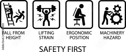 Workplace safety icons illustrating fall from height, lifting strain, ergonomic sitting posture and machinery hazard awareness for industrial health and safety training concepts