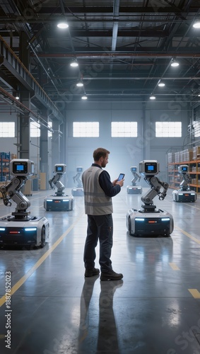 Engineer managing fleet of autonomous mobile robots with a digital tablet, demonstrating advanced human robot collaboration in a modern industrial smart manufacturing and logistics facility © MIKHAIL