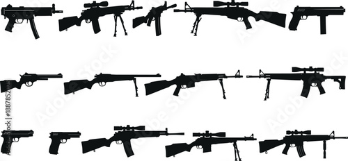 Black silhouette firearms collection including rifles and pistols isolated on white background illustrating weapon shapes military equipment defense technology and tactical armament designs