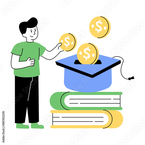 Mortarboard with dollar, flat design of educational grant