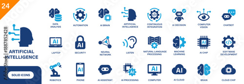 Artificial intelligence icon. Including machine learning, chatbot, neural network, automation, ai chip. Solid vector icons collection.