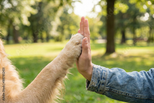 Close up of golden retriever dog paw and human hand doing high five gesture in sunny green park for friendship concept