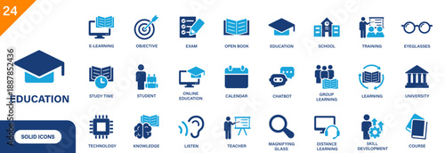 Education icon. Includes book, school, university, training, teacher, learning. Solid vector icons collection.