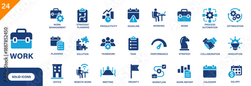 Work icon. Including tasks, remote work, workflow, salary, teamwork. Solid vector icons collection.