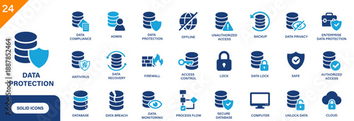 Data protection icon. Includes data lock, backup, firewall, data breach, access control. Solid vector icons collection.