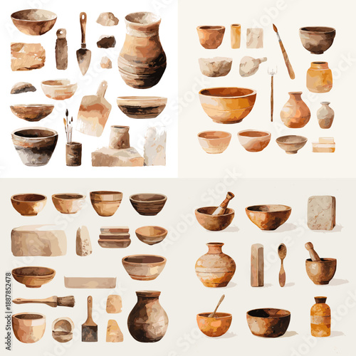Watercolor illustration of handmade pottery bowls jars tools and vessels arranged as a ceramic craft collection ideal for artisan branding education and decorative design