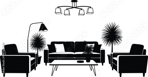 Black silhouette modern living room interior with sofa armchairs coffee table floor lamp ceiling light and plants isolated on white background representing home decor design