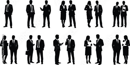 Business people silhouettes collection in formal suits, professional men and women discussing and networking, corporate teamwork and office communication concept, black executive figures isolated 