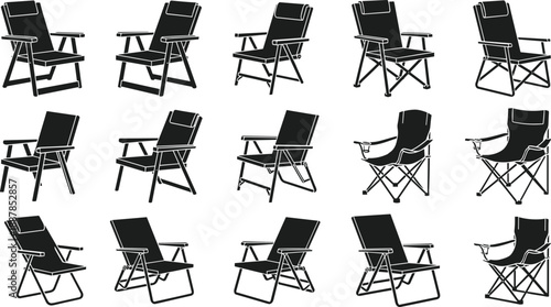 Camping chair silhouettes collection showing folding outdoor chairs in multiple designs, travel and leisure furniture, picnic and camping equipment isolated on white background illustration
