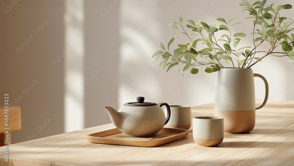 Fototapeta premium Japandi Style Tableware with Teapot and Greenery