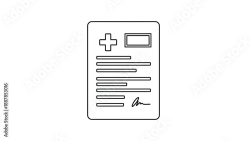 Black and white line art icon depicting a medical document or patient health record featuring a prominent cross symbol and a signature line indicating final approval.