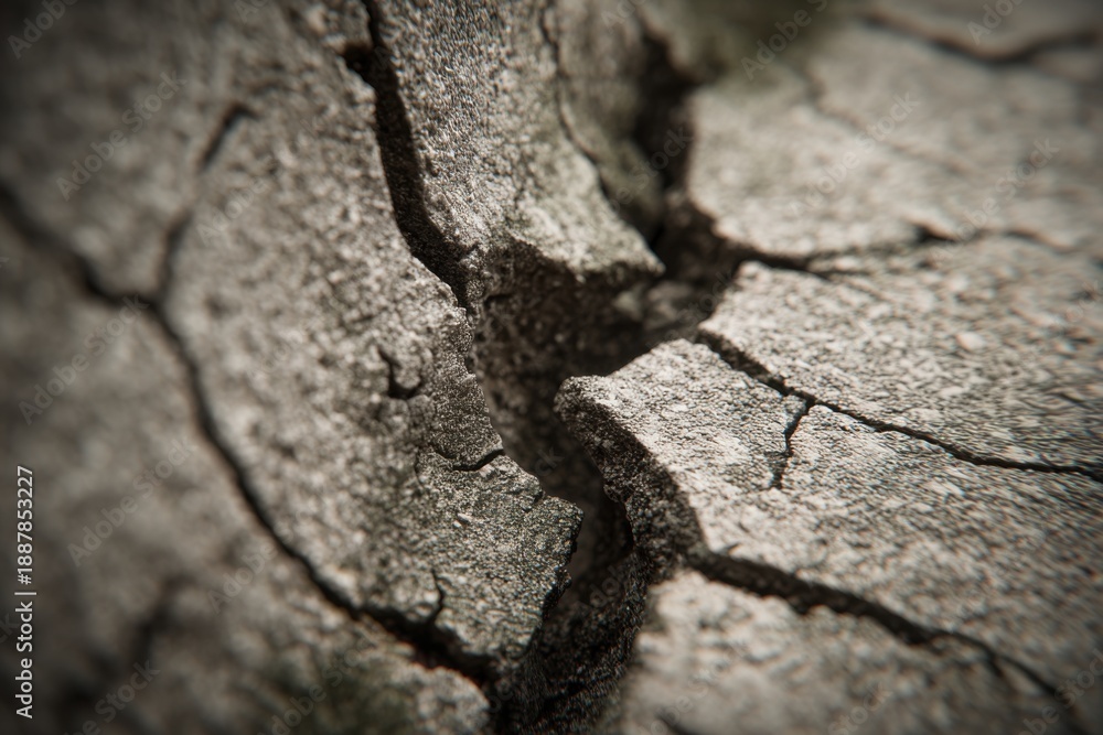 Fototapeta premium Close-up view of a weathered concrete wall showcasing deep cracks and rough textures that tell a story of age, wear, and the passage of time