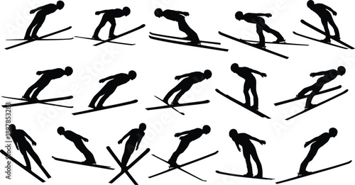 Black silhouette ski jumpers sequence showing dynamic winter sport action poses isolated on white background illustrating skiing motion speed balance athletic performance and competition