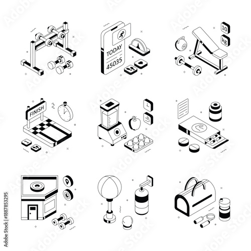 Visually appealing gym fitness and nutritions isometric illustrations