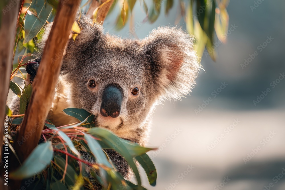 Fototapeta premium Soft sunlight dances on the fur of a curious koala nestled among vibrant eucalyptus leaves, embodying the serene spirit of the Australian wilderness in the afternoon